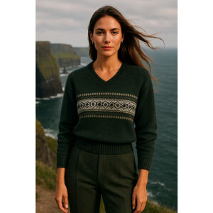 Forest Green Fair Isle Wool Sweater Winter Knit Old Money Quiet Luxury Thick